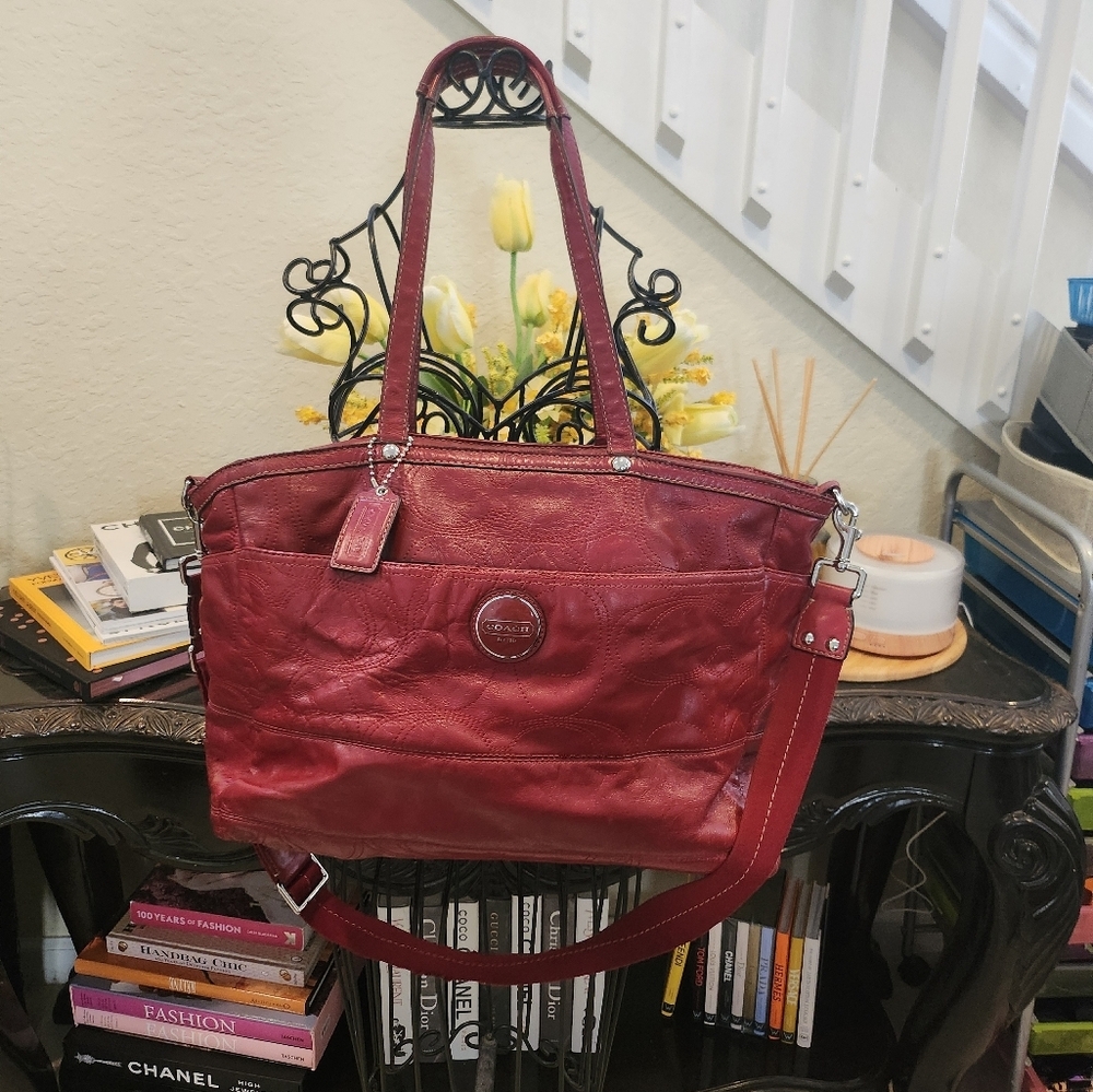 Coach Signature Embossed Garnet Red Leather Bag Tote